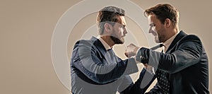 Man face portrait, banner with copy space. disagreed men colleague disputing and fighting aggressive and angry while