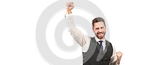 Man face portrait, banner with copy space. happy bearded elegant man isolated on white background, success.