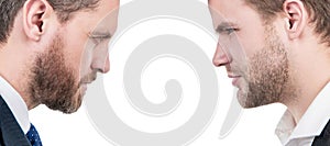 Man face portrait, banner with copy space. two businessmen starring to each other in business conflict, misunderstanding