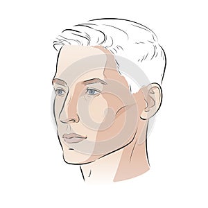 Man face portrait three different angles and turns of a male head. Close-up vector line sketch illustration. Different