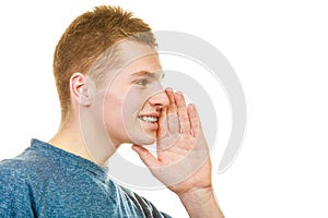 Man face profile with hand gesture speaking