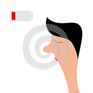 Man face profile. Red low battery icon. Life energy. Charge indicator. Guy head. Cute cartoon funny sad character. Unhappy tired