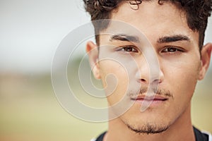 Man, face and serious facial expression of a person from Madrid with mock up in nature. Portrait of a young, student and