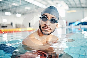 Man, face or swimmer with pool cap, goggles or gear and sports vision, ideas or mindset in Asian water competition