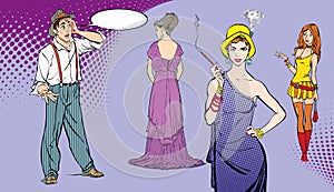 A man faces a choice. Difficult decision. Surprised boy. Guy choosing woman. Pop art retro style illustration. People in