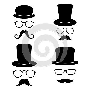 Man faces with glasses, mustache, hats. Photo props collections. Retro party set. Vector