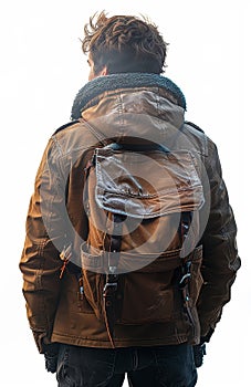 Man facing away in brown leather jacket and backpack