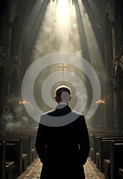 Man Facing Cross In Cathedral Under Divine Light And Rising Incense