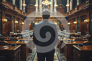 Man facing an empty parliamentary chamber photo