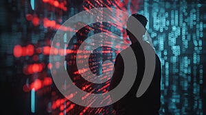 Man facing red and blue light wall, Generative AI