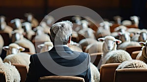 Man Facing Sheep Crowd in Auditorium: Populism Metaphor