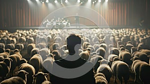 Man Facing Sheep Crowd in Auditorium: Populism Metaphor photo