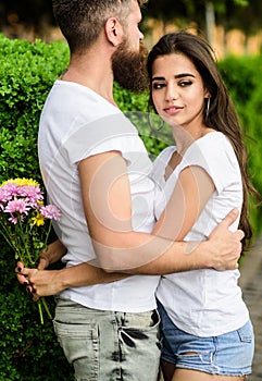 Man fall in love with gorgeous girl. Strong romantic feelings become true love. He will never let her go. Couple in love