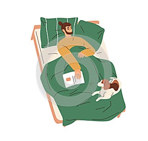 Man fallen asleep in bed after reading book. Sleeping person lying with dog on blanket. Guy dreaming with cute doggy