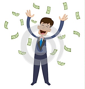 On a man are falling money bills. Joyful businessman jumping from happiness