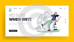 Man Falling in Puddle Landing Page Template. Male Character Slipping on Wet Floor Pouring Coffee