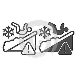 Man falls on ice line and solid icon, Winter season concept, Slippery ice sign on white background, Fallen person with