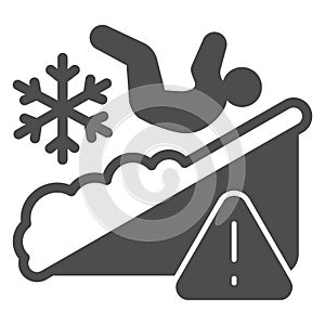 Man falls on ice solid icon, Winter season concept, Slippery ice sign on white background, Fallen person with snowflake