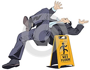 Man falls on wet floor. Warning sign. Stock illustration