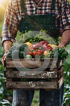 Man farmer with basket full of fresh vegetables in his hands. Agriculture and gardening concept