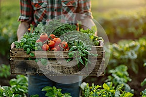 Man farmer with basket full of fresh vegetables in his hands. Agriculture and gardening concept