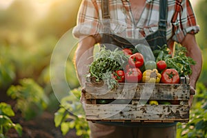 Man farmer with basket full of fresh vegetables in his hands. Agriculture and gardening concept