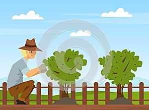 Man farmer caring of tree seedling in garden on farm cartoon vector