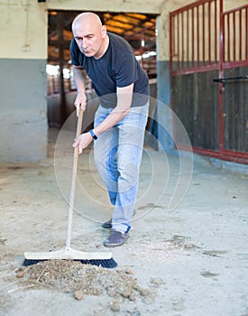 Man farmer cleaning floor with mop at horse stabling