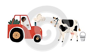 Man Farmer Driving Tractor and Grazing Milk Cow Vector Set