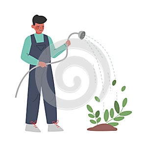 Man Farmer Gardener Watering Plants Using Hose, Male Agricultural Worker Character in Overalls Working in Garden Cartoon