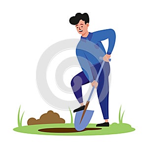 Man farmer with shovel digging hole vector illustration.