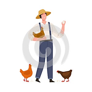 Man Farmer in Straw Hat Gathering Eggs from Hens Vector Illustration