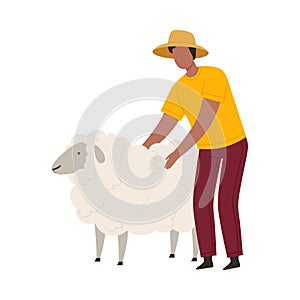 Man Farmer in Straw Hat Stroking Sheep Vector Illustration