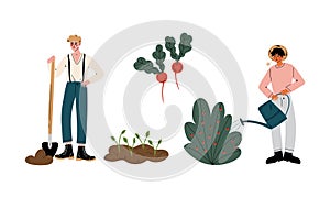 Man Farmer in Straw Hat Watering Plants and Standing with Shovel on Garden Bed Vector Set