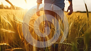 Man farmer walks through a wheat field at sunset touch. Generative AI.