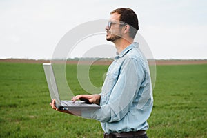 Man farmer working on a laptop in the field. Agronomist examines the green sprout winter wheat