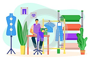 Man fashion designer sewing in atelier, vector illustration. Clothing job with textile, tailor dressmaker sew fabric at