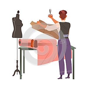 Man Fashion Designer or Tailor with Scissors Cutting Pattern of Clothing Garment Model Vector Illustration
