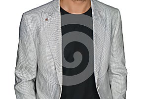 Man fashionable stylish fashion look of clothing gray jacket, black T-shirt on white background isolated