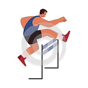 Man fast run hurdle race, athletic Steeplechase competition, athlete runs through barrier vector flat illustration