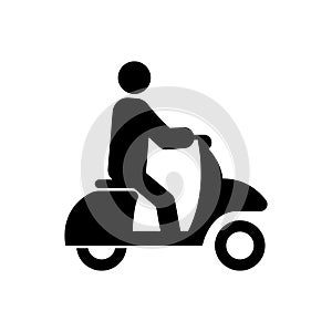 Man on Fast Speed Scooter Black Silhouette Icon. Vehicle Moped for Delivery Food Glyph Pictogram. Wheel Motor Bike Flat