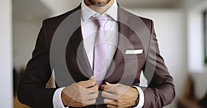 Man fastens the buttons. The groom in a suit, shirt, tie is standing on white background. Generative AI