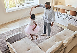 Man, father or girl ballet dancing in living room of house or happy family home in energy, ballerina tutu or dress in