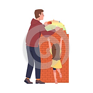 Man Father Laying Bricks Building Wall Protecting Daughter from External World as Problematic Communication and