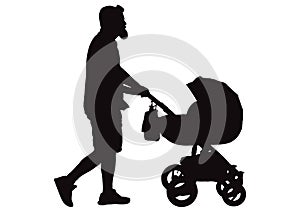 Man father walking with baby carriage silhouette, vector