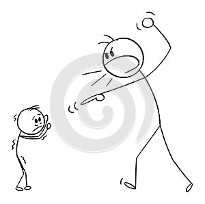 Man or Father Yelling at Small Child or Boy, Vector Cartoon Stick Figure Illustration