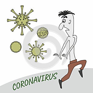 A man in fear flees from a coronavirus. A joking caricature. Cartoon.