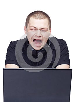 Man fear and looking in monitor computer