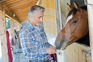 man feeding and caressing horse