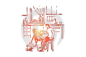 Man feeding child, parent holding spoon, toddler sitting in high chair, baby food, parent and infant at kithcen